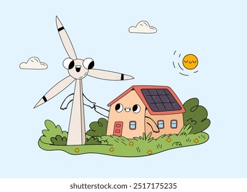 Conceito de vida eco amigável. Moinho de vento e casa com caracteres de painéis solares.  Ilustração desenhada à mão vetorial.