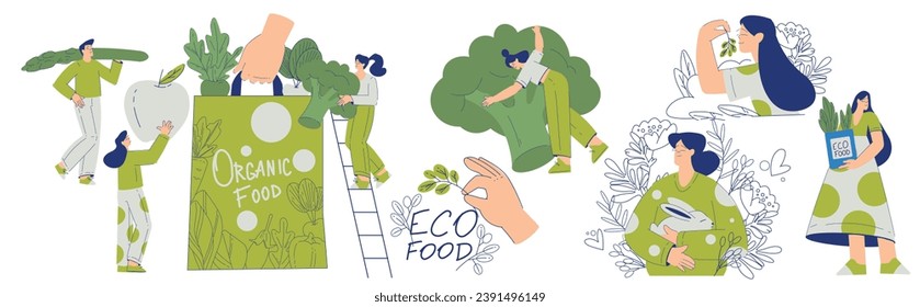 Eco Friendly Life with Man and Woman Character Buy Organic Food Care of Planet and Green Energy Vector Set