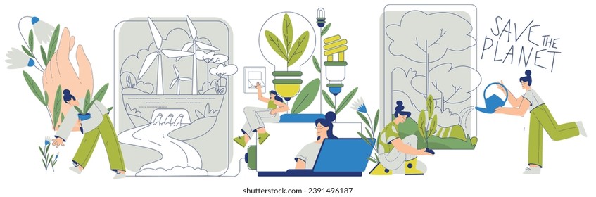 Eco Friendly Life with Woman Character Care of Planet and Green Energy Vector Set