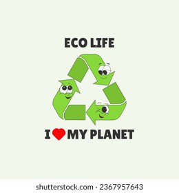 Eco friendly life.Recycles day. green reuse symbol in a cool style, highlighted on a white background. Vector eco-illustration of a recycling sign in cartoon retro style for print on a T-shirt, bag