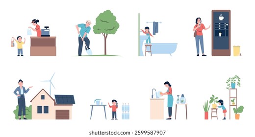 Eco friendly lifestyle. Adults and children using recycled materials and items, save water and economy energy. Ecology habits recent vector flat scenes