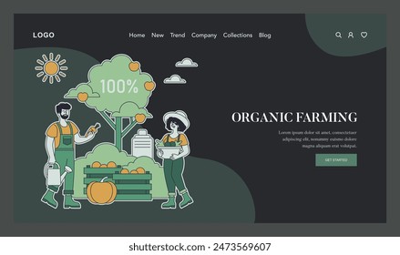 Eco Friendly Lifestyle concept. Farmers with organic produce promote sustainable agriculture. Environmentally conscious food cultivation. Vector illustration.