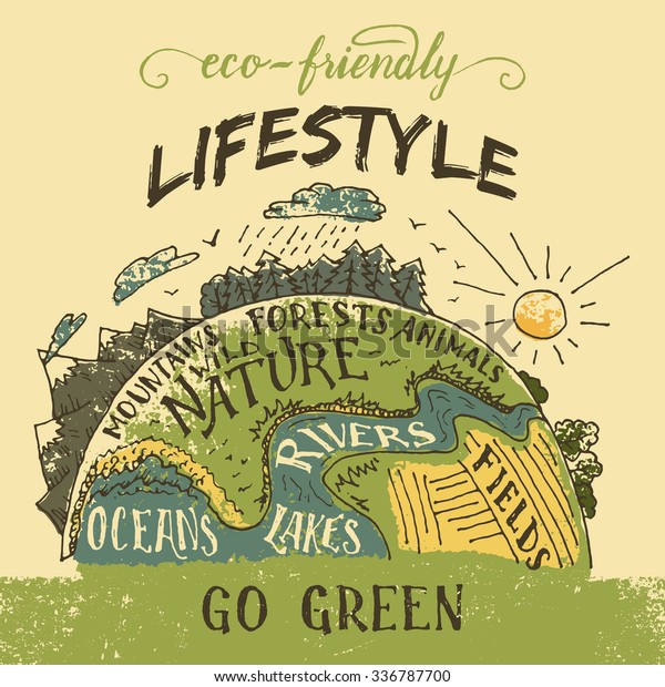 環境に優しいライフスタイルのコンセプト 緑のエコポスターに移動 地球の手描きのビンテージイラスト のベクター画像素材 ロイヤリティフリー