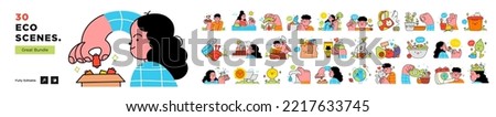 Eco friendly lifestyle concept illustrations. People taking care of environment . Reuse, reduce, recycle symbol, green energy, zero waste, save Earth scenes.