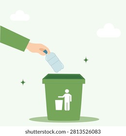 Eco friendly lifestyle concept vector background banner. Graphic design featuring a human hand dropping a plastic bottle into a green recycling bin template, set against a soft, clean green and white abstract background layout. Perfect for environmental campaign posters, save the planet brochures, and ecology web design.