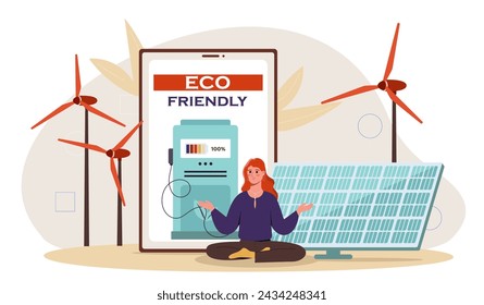 Eco friendly lifestyle concept. Woman sitting in lotus position near solar panels and windmills. Sustainable lifestyle and alternative energy sources. Cartoon flat vector illustration