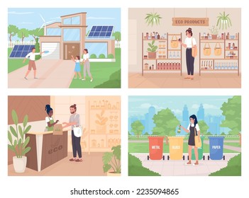 Eco friendly lifestyle flat color vector illustrations set. Fully editable 2D simple cartoon characters collection with landscape and interior on background. Nerko One Regular, Bebas Neue fonts used