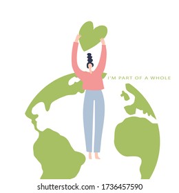 Eco friendly lifestyle hand drawn vector illustration. Woman holds green heart. Card to world environmental day, nature protection, nature loving concept
