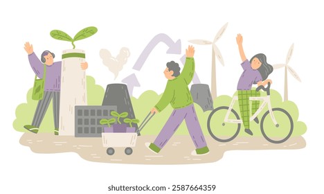 Eco friendly lifestyle hand drawn vector illustration.  Eco activists cartoon characters. Environment conservation, global warming prevention, nature protection.