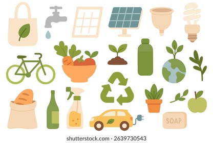 Eco friendly lifestyle illustration showcasing sustainable choices and environmental conservation methods for a better world