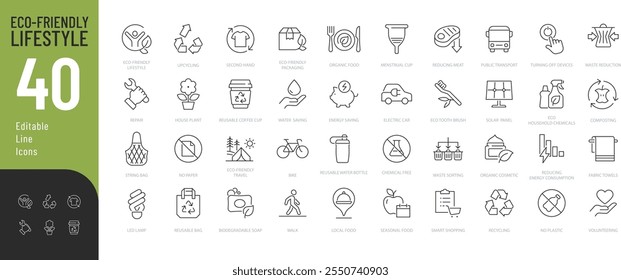 Eco Friendly Lifestyle Line Editable Icons set. Vector illustration in modern thin line style of ecology related icons: organic food, cosmetic, upcycling, and more. 