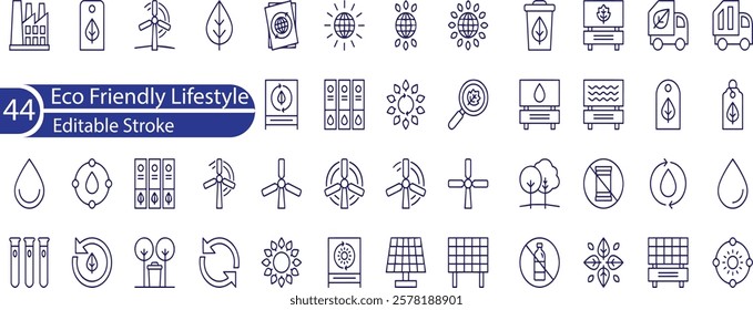 Eco Friendly Lifestyle Line Editable Icons set. Vector illustration in modern thin line style of ecology related icons: organic food, cosmetic, upcycling, and more.