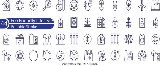 Eco Friendly Lifestyle Line Editable Icons set. Vector illustration in modern thin line style of ecology related icons: organic food, cosmetic, upcycling, and more.