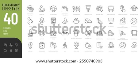 Eco Friendly Lifestyle Line Editable Icons set. Vector illustration in modern thin line style of ecology related icons: organic food, cosmetic, upcycling, and more. 