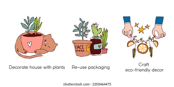 Eco friendly lifestyle and protecting the environment - set of business concept illustrations. Plant decorations, re-usable packaging, eco-friendly decor. Visual stories collection