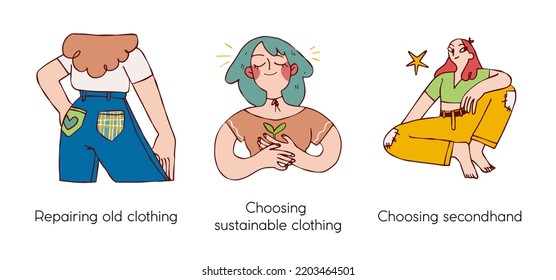 Eco friendly lifestyle and protecting the environment - set of business concept illustrations. Clothing repairing, choosing secondhand. Visual stories collection