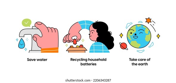 Eco friendly lifestyle and protecting the environment - set of business concept illustrations. Save water, Recycling batteries, Take care of the earth. Visual stories collection