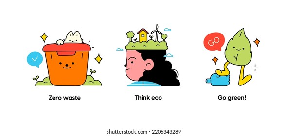 Eco friendly lifestyle and protecting the environment - set of business concept illustrations. Zero waste, Think eco, Go green. Visual stories collection