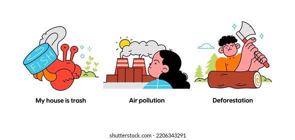 Eco friendly lifestyle and protecting the environment - set of business concept illustrations. Ocean polution, Air polution, Deforestation. Visual stories collection