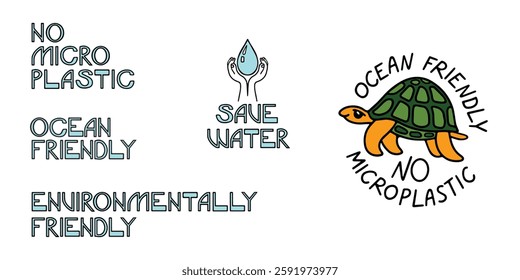 Eco Friendly lifestyle quotes that Promote Sustainability. Save Water and Turtle logo as ecological symbols. Bold letters with black contour. Earth Day set of vector elements on isolated background