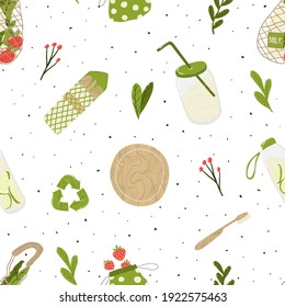 Eco friendly lifestyle. Seamless pattern with  reusable and recyclable objects.  Layout design perfect for prints,banners,web,eco posters,flyer mockups,textile and more. Healthy lifestyle background.