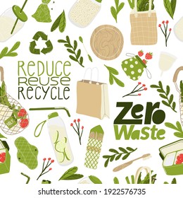 Eco friendly lifestyle. Seamless pattern with  reusable and recyclable objects and eco friendly motivation quote.  Layout design bestt for prints, banners, web, eco posters or textile