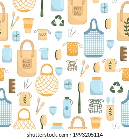 Eco friendly lifestyle. Seamless pattern with reusable and recyclable objects. 