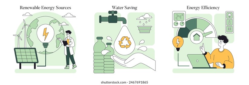 Eco Friendly Lifestyle set. Sustainable living with renewable energy, water saving, and efficient power use. Conservation through wind, solar, and careful consumption. Vector illustration.