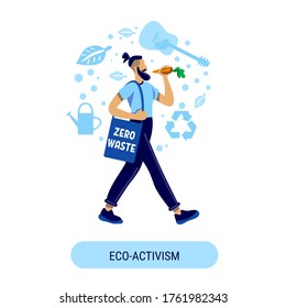 Eco friendly lifestyle social media post mockup. Eco activism phrase. Web banner design template. Male vegan booster, content layout with inscription. Poster, print ads and flat illustration