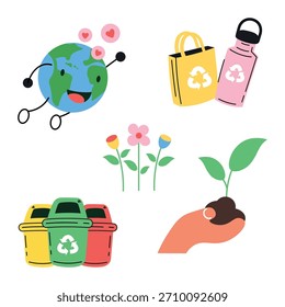Paquete de Vector de estilo de vida ecológico happy earth artículos reutilizables clasificación de residuos de flores y plantas