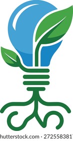 Lâmpada ecológica com folhas verdes e raízes no fundo branco simbolizando energia e crescimento sustentáveis