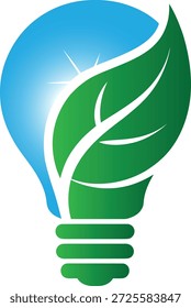 Bombilla ecológica con hoja verde sobre fondo blanco que simboliza el ahorro de energía y las ideas sostenibles con los rayos del sol que brillan a través del vidrio azul