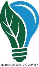 Lâmpada eco amigável com folha verde e redemoinho azul no fundo branco simbolizando economia de energia e ideias sustentáveis