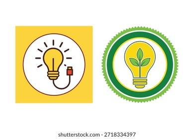 Iconos respetuosos del medio ambiente de la bombilla con la hoja verde y el símbolo de la batería en el fondo blanco