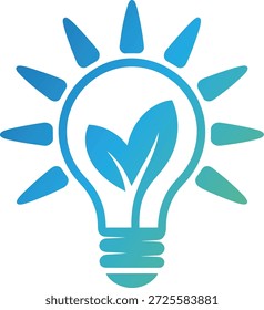 Lâmpada eco amigável com folha e raios solares simbolizando energia sustentável e inovação verde no fundo branco