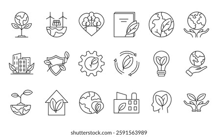 Eco friendly line icon set representing sustainability, renewable energy, environmental protection, green technology and nature conservation. Minimalist line style and editable strokes.