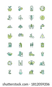 Eco friendly and Eco line icons flat color outline vector sign collection. Set of32 ecology icons