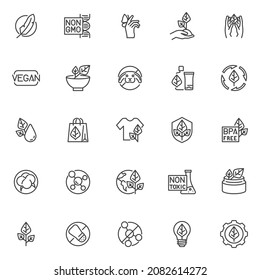 Eco friendly line icons set. linear style symbols collection, outline signs pack, vector graphics. Set includes icons as organic vegan food, natural cosmetics, BPA and GMO free, Not tested on animals