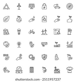 Eco friendly line icons set. linear style symbols collection, outline signs pack. Ecology and environment vector graphics. Set includes icons as Sustainable energy, Recycle Symbol, Solar panel, Waste