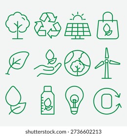 Eco Friendly Line Icons Set Sustainability Renewable Energy Recycling and Green Environment Symbols