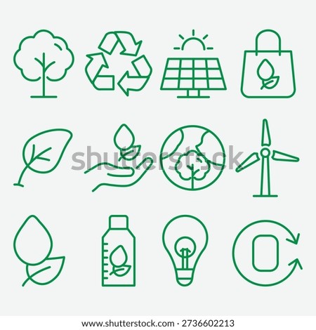 Eco Friendly Line Icons Set Sustainability Renewable Energy Recycling and Green Environment Symbols