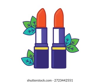 Umweltfreundliche Lippenpflege-Vektorsymbol mit einzelnem Lippenstift und Blättern für Schönheitsdesign. Wellness und Beauty Vektor Icon Set mit bunten Lippenstiften für Hautpflege und Selbstpflege Design.
