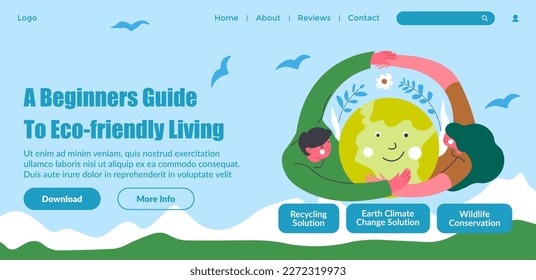 La vida amigable con el medio ambiente, la orientación inicial, el cuidado y la protección del planeta y la tierra. Conservación y conciencia ambiental. Solución de reciclaje. Página de inicio del sitio web, sitio en línea. Vector de estilo plano