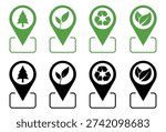 Eco friendly location pin icon set with recycle symbol and green leaves for sustainable nature places and environmental map navigation