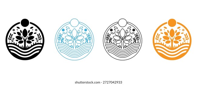 Projetos de logotipo eco amigável com plantas e sol