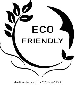 Eco friendly logo featuring plant leaves inside a circular outline with text isolated on transparent background