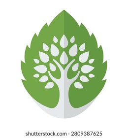 Eco friendly logo with green leaf and white tree silhouette symbolizing nature