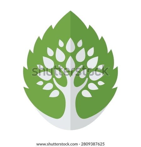 Eco friendly logo with green leaf and white tree silhouette symbolizing nature