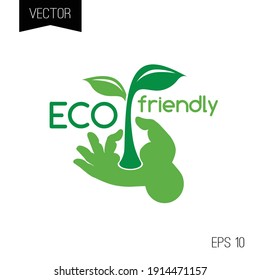 Eco friendly logo or icon. Green small sprout in the palm.