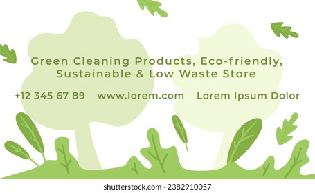Eco friendly, low waste and sustainable store and shop products, green cleaning for home. Phone number and website. Business or visiting card, advertisement and branding. Vector in flat style